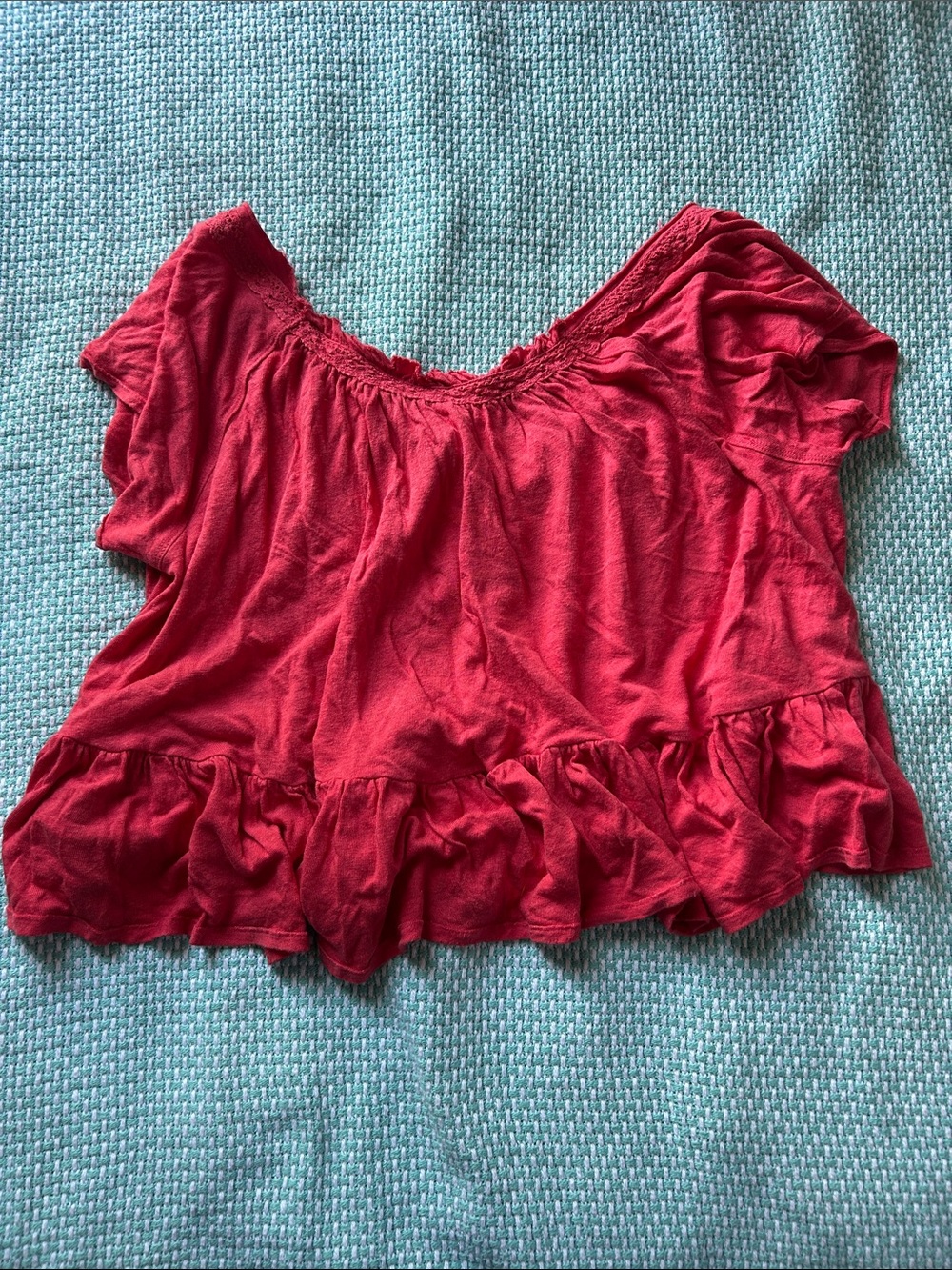 Free People Red Ruffle Crop Button-Front Top - Picture 2 of 2